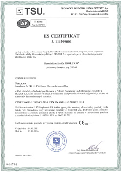 Certifikát ES 111299001 - prvá strana