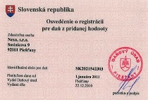 Osvedčenie o registrácii IČO DPH